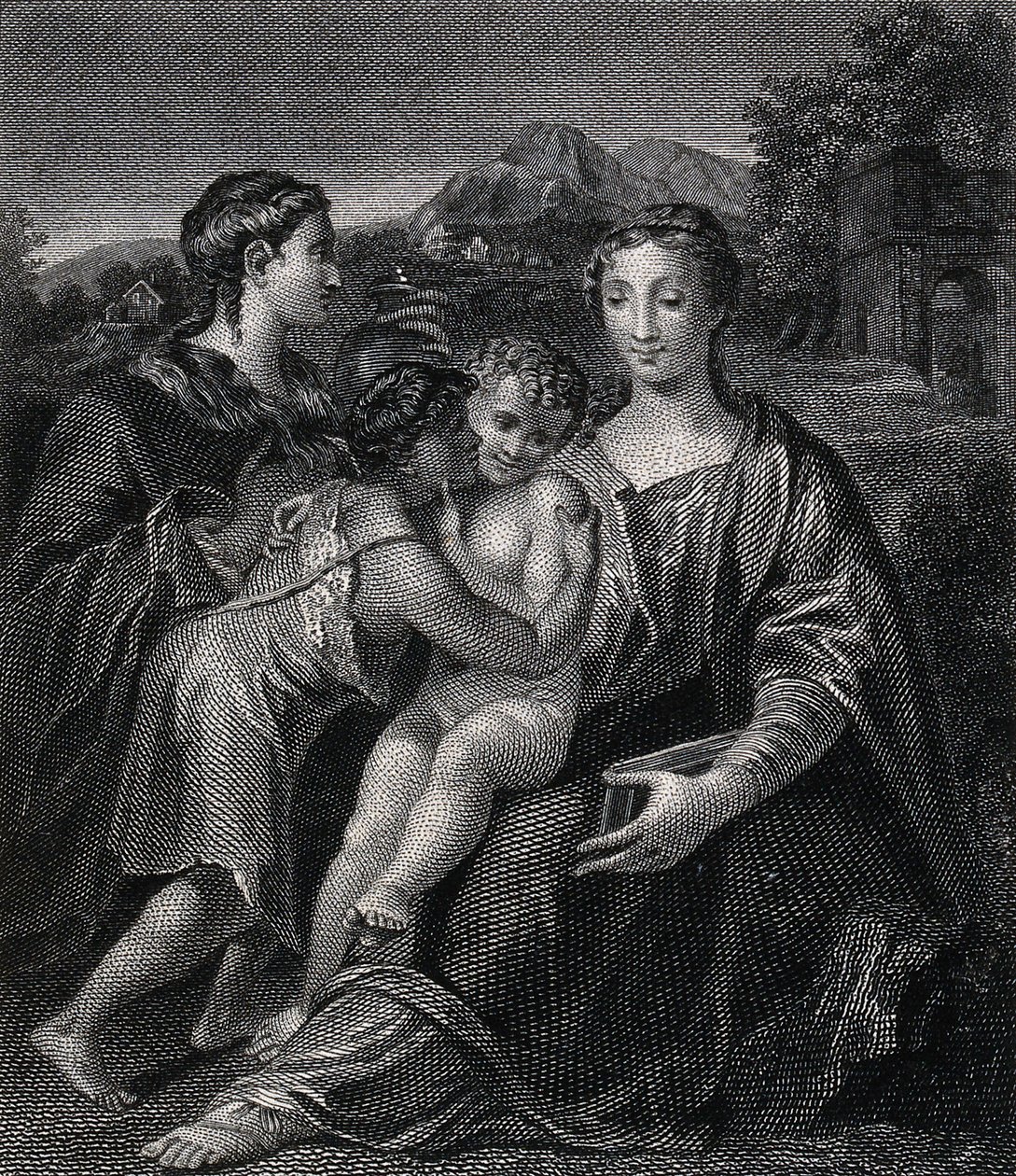 Santa María (la Santísima Virgen) con el Niño Jesús, san Juan Bautista y santa María Magdalena. Grabado según G.F.M. Mazzola, el Parmigianino. de Parmigianino