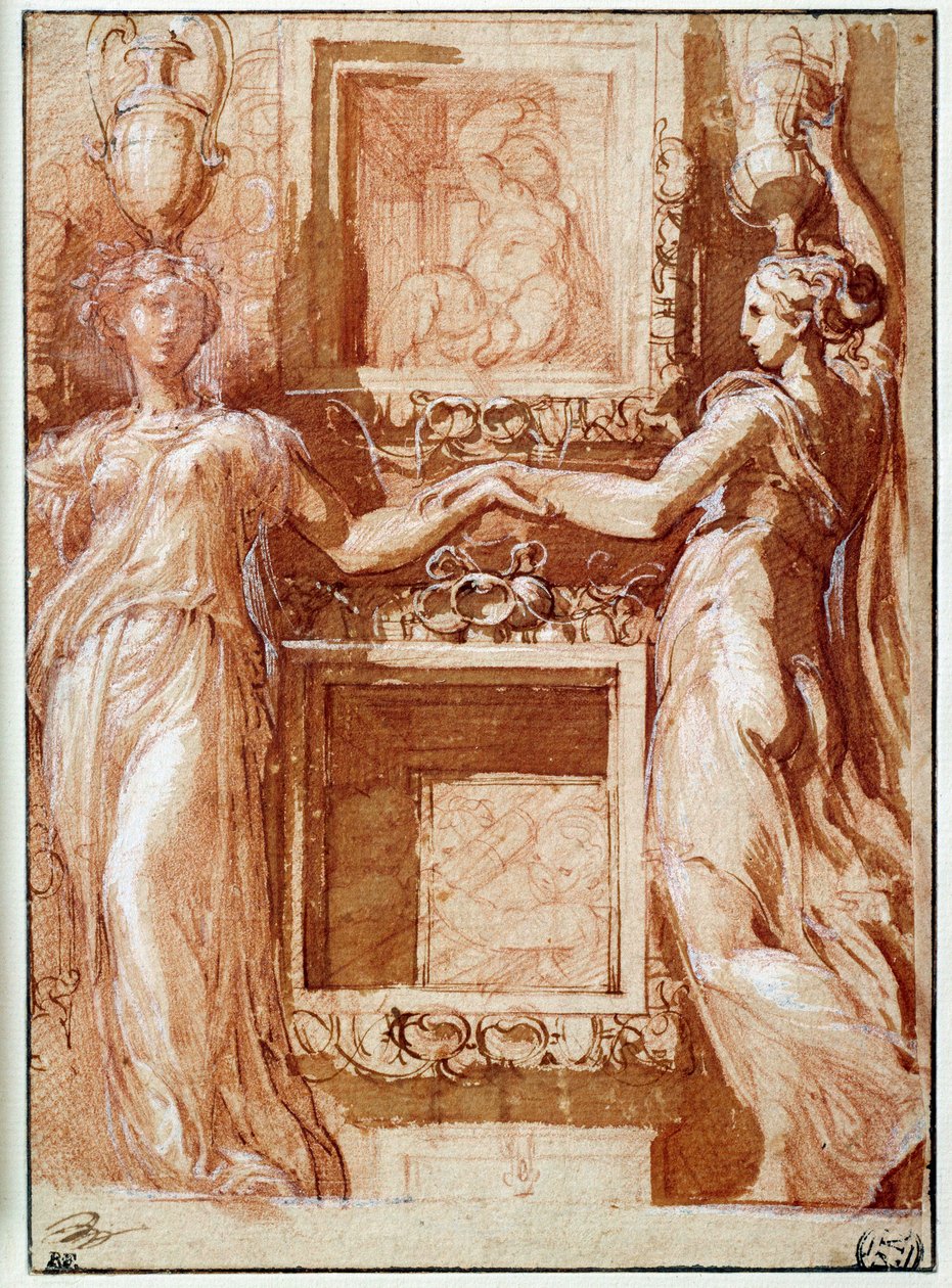 Dos canéforas dando la mano, a ambos lados de cajas. Dibujo en tinta, lavado, sangre y solapas blancas por Girolamo Francesco Maria Mazzola dit Parmigianino o Le Parmesan de Parmigianino