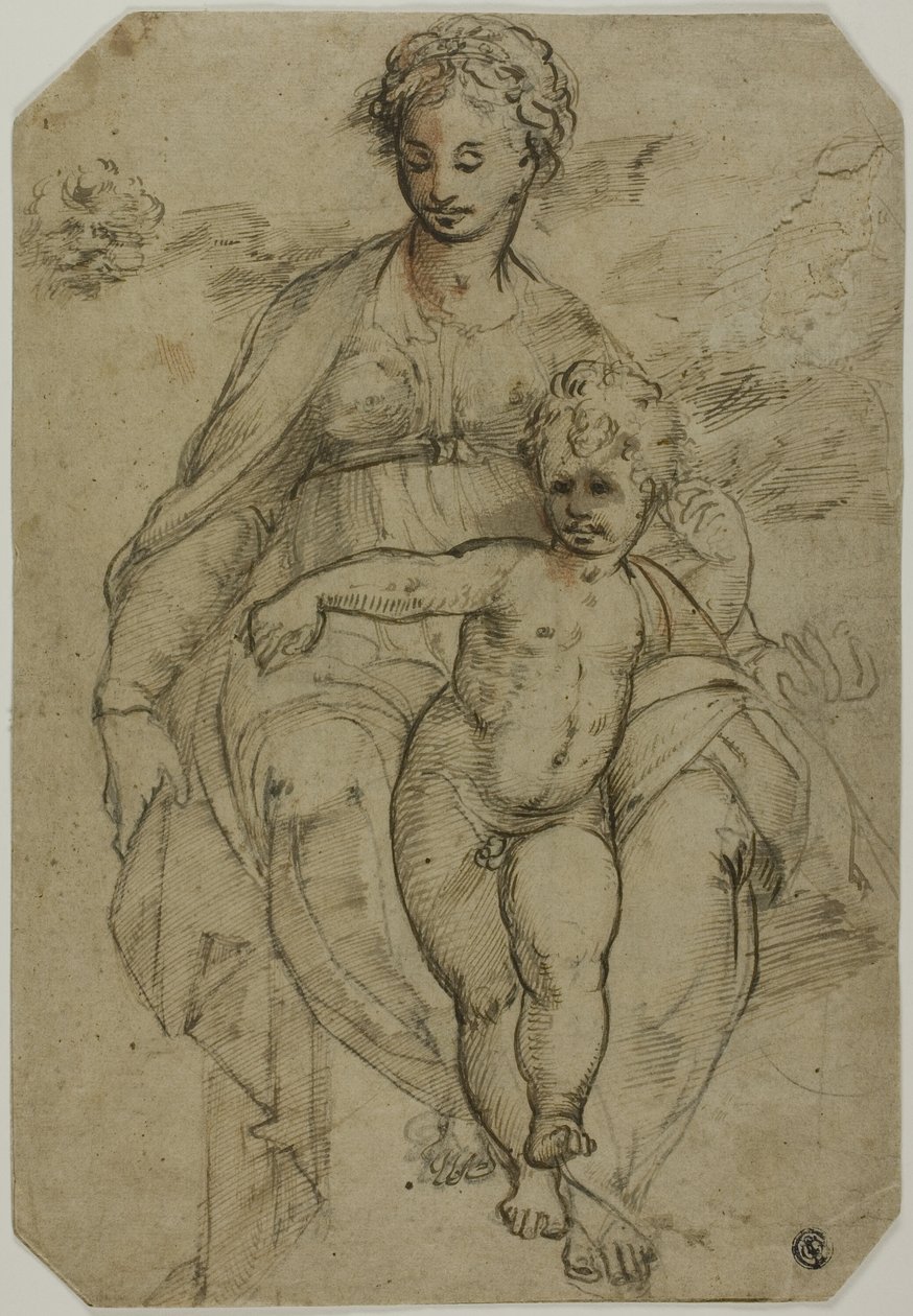Virgen y Niño (recto); Boceto de tres santos y boceto de caricatura (verso) de Parmigianino