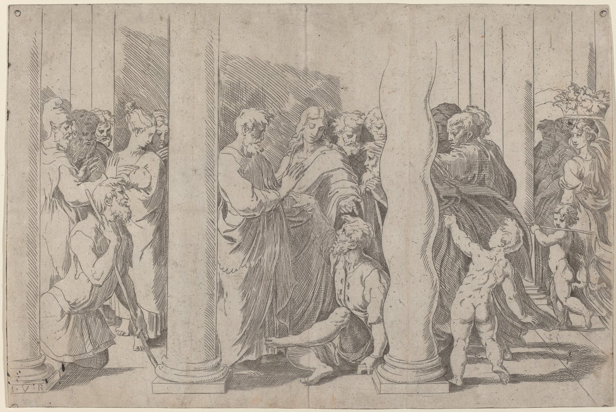 San Pedro y San Juan Sanando al Hombre Cojo en la Puerta Dorada de Parmigianino after Raphael
