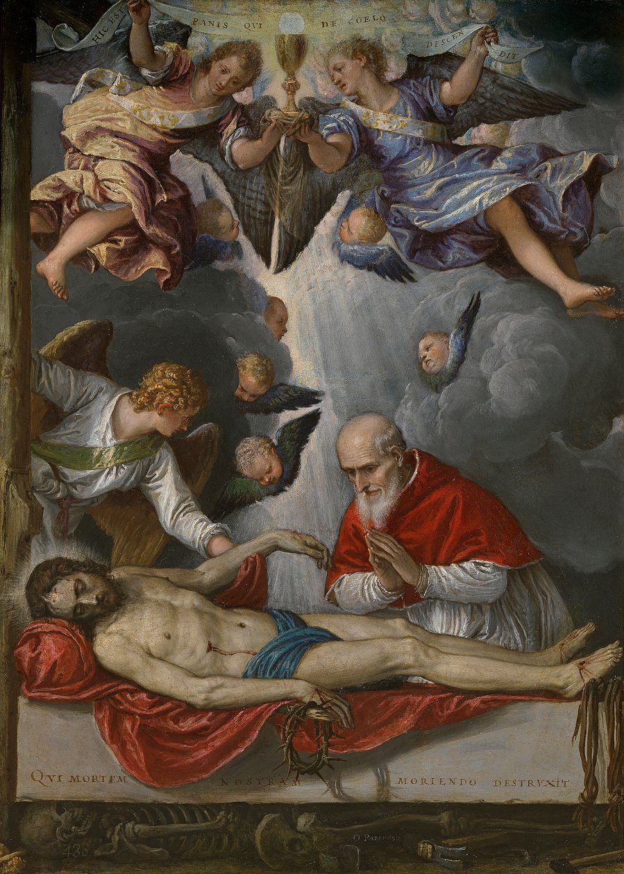 Spanish:  Cristo yacente adorado por el papa Pío V The dead Christ venerated by Pius V de Parrasio Micheli