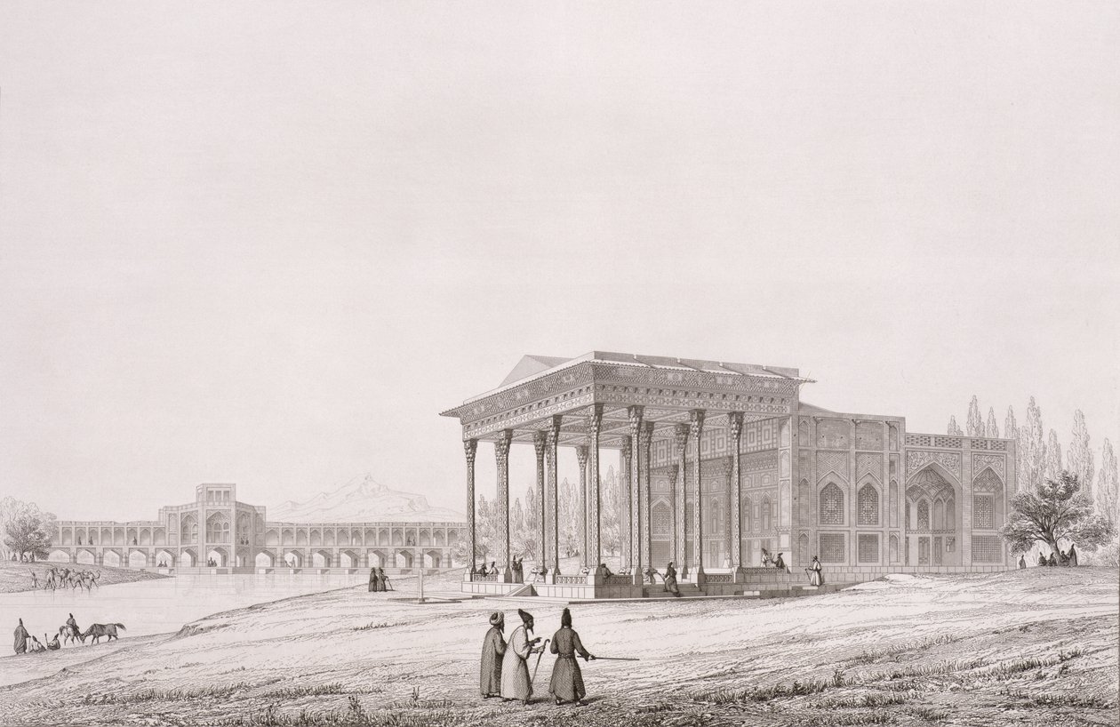 Vista exterior del Pabellón de los Espejos, Isfahan, lámina 33 de 