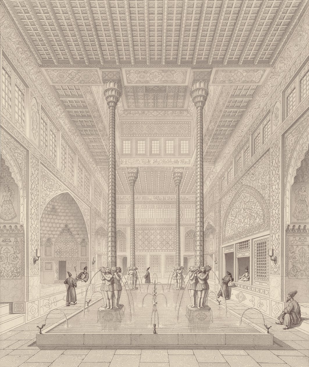 Interior del Palacio Tchar-Bach, Isfahan, de Monumentos Modernos de Persia, grabado por Claude Sauvageot (1832-85) y Jean Charles Huguet, 1856 de Pascal Xavier after Coste