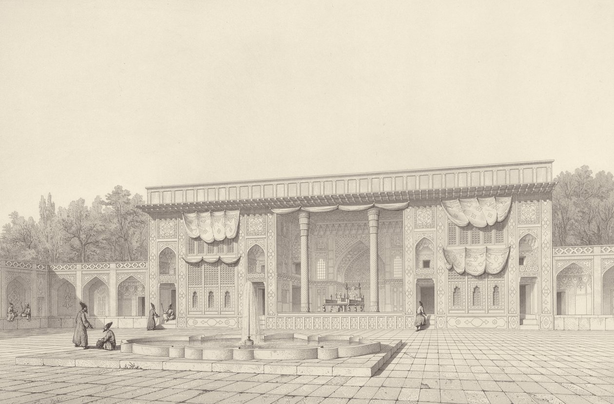Pabellón del trono, en Teherán, del Voyage Pittoresque de Persia, grabado por Claude Sauvageot (1832-85) publicado por Lemercier, París, 1856 de Pascal Xavier after Coste