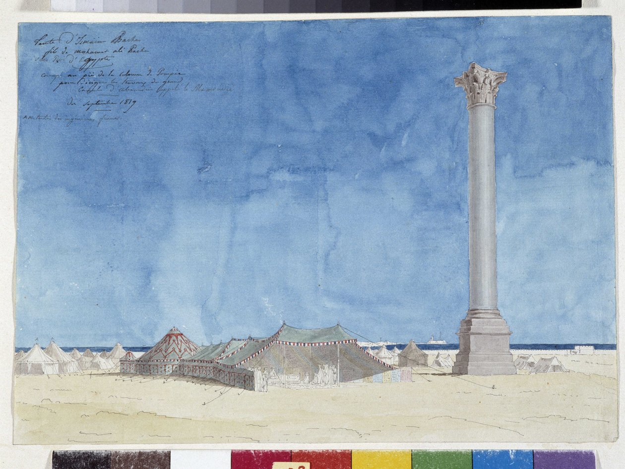 Tienda de campaña, campamento al pie de la columna Pompee. Dibujo de Pascal Coste (1787-1879), biblioteca municipal de Marsella de Pascal Xavier (after) Coste