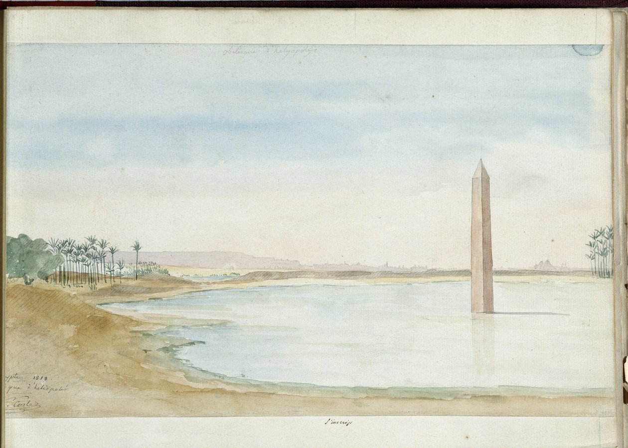 Vista del Nilo y del obelisco de Sesostris I en Heliópolis, Egipto. Acuarela de Pascal Coste (1787-1879). Biblioteca municipal de Marsella de Pascal Xavier (after) Coste
