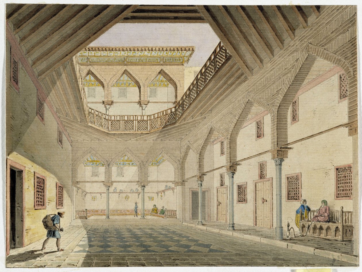 Vista del interior de un caravasar, casa de Azir Osman Agha. Acuarela de Pascal Coste (1787-1879) Museo de Arqueología del Mediterráneo, Marsella de Pascal Xavier (after) Coste