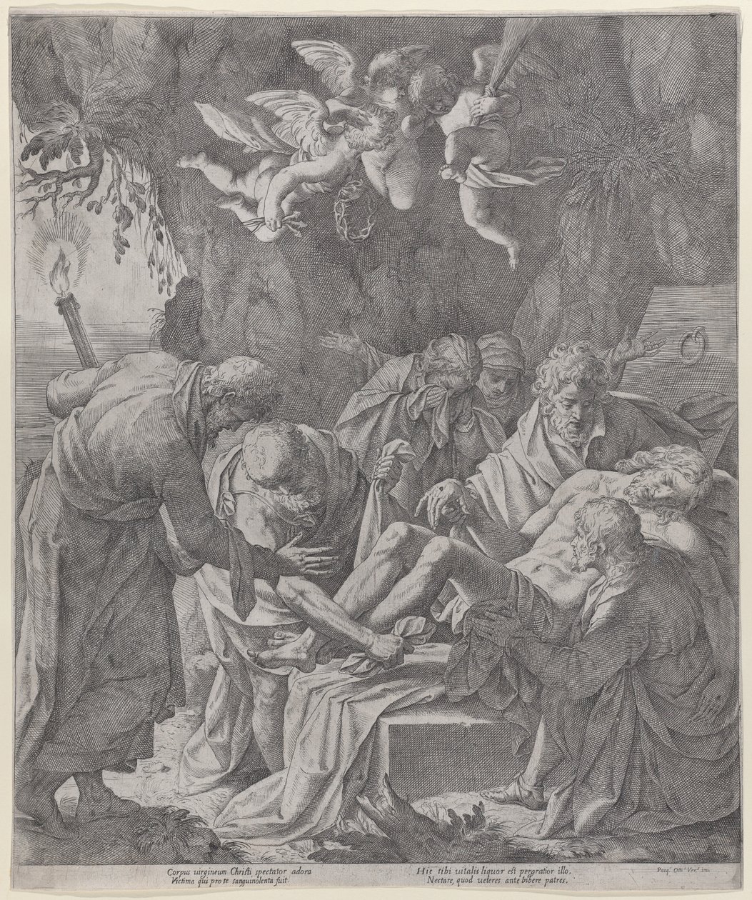 Cristo siendo colocado en el sepulcro mientras la Virgen llora detrás, 1600-30 de Pasquale Ottino