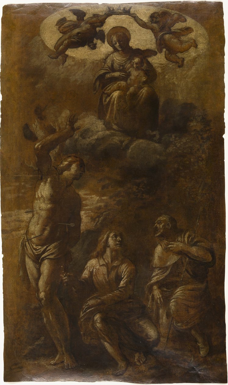 La Virgen y el Niño en la Gloria con los santos Sebastián, Juan Evangelista y Roque, c.1610 (óleo con grafito (barnizado) sobre papel verjurado crema) de Pasquale Ottino