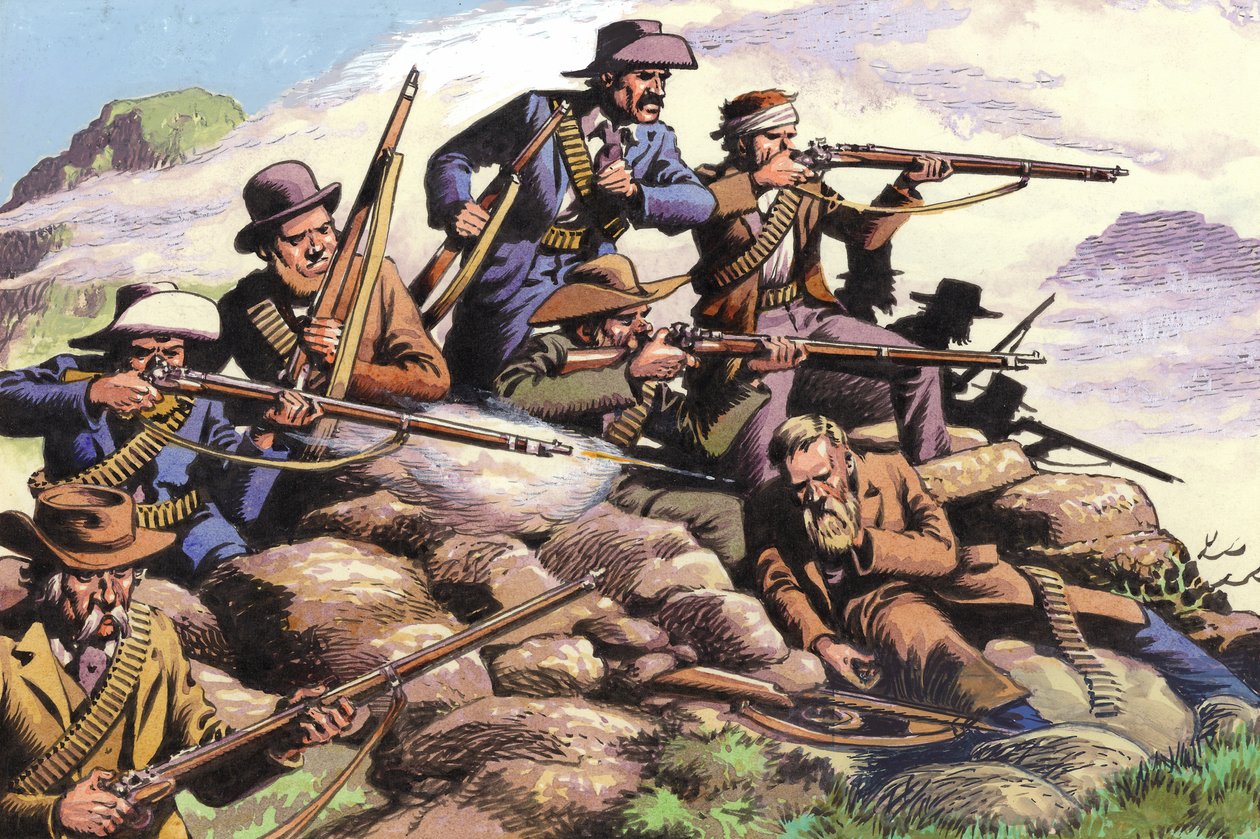 1880, Bóers del Transvaal luchando en Majuba Hill durante la Primera Guerra Bóer (gouache sobre papel) de Pat (1907 95) Nicolle