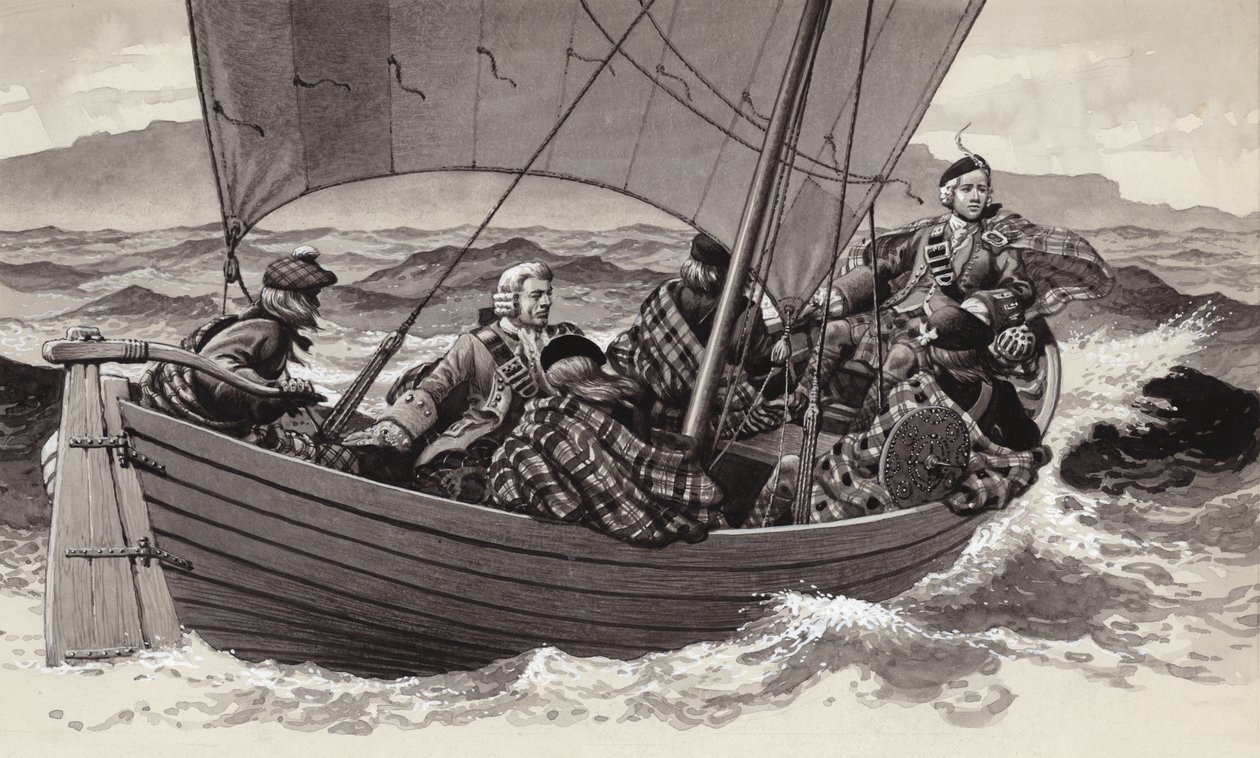 Bonnie Prince Charlie parte hacia la isla de Skye (gouache sobre papel) de Pat (1907 95) Nicolle