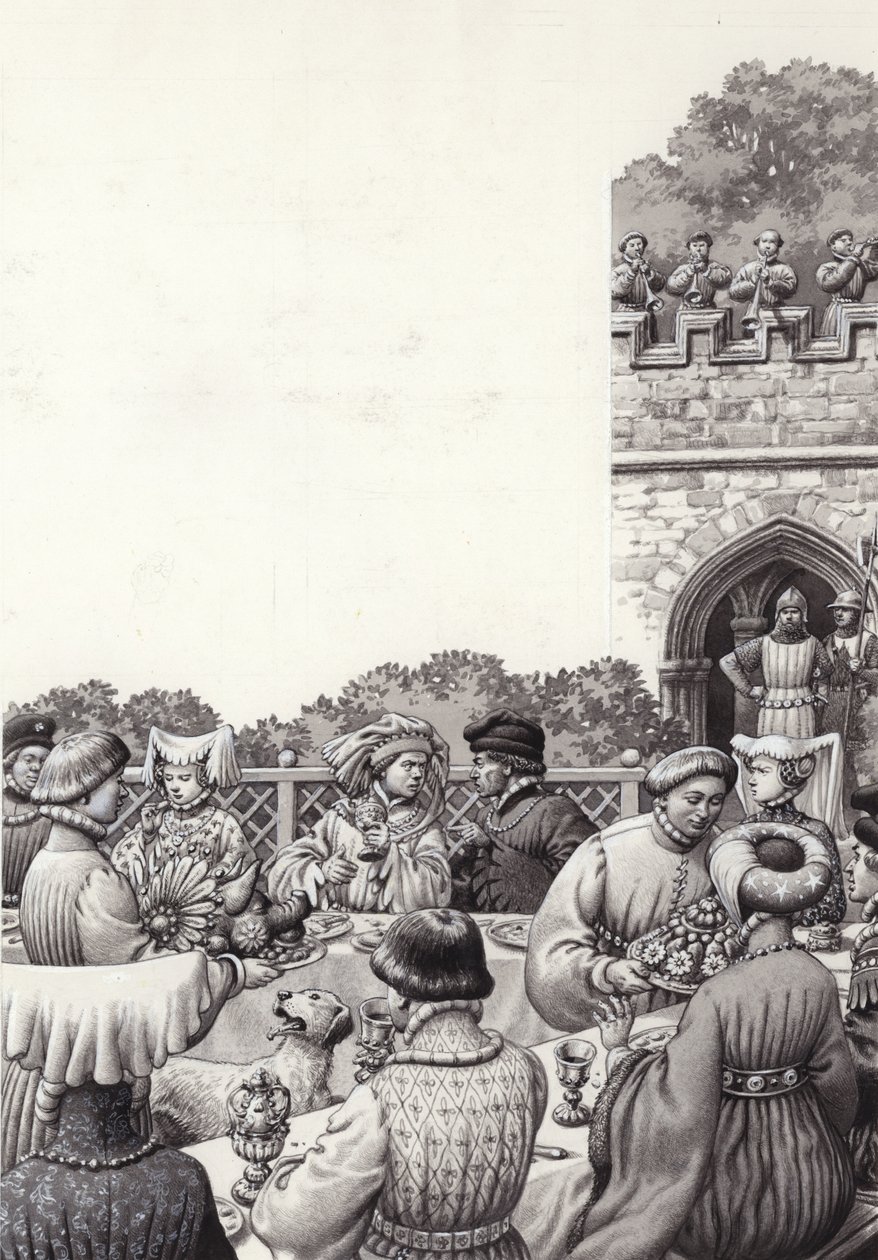 Cena en la corte del emperador Ruperto de Alemania en la Edad Media (gouache sobre papel) de Pat (1907 95) Nicolle