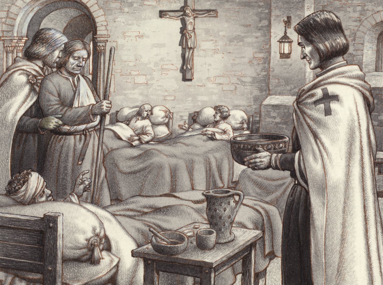 Godofredo de Bouillon observa a los monjes benedictinos atendiendo a los heridos (gouache sobre papel) de Pat (1907 95) Nicolle