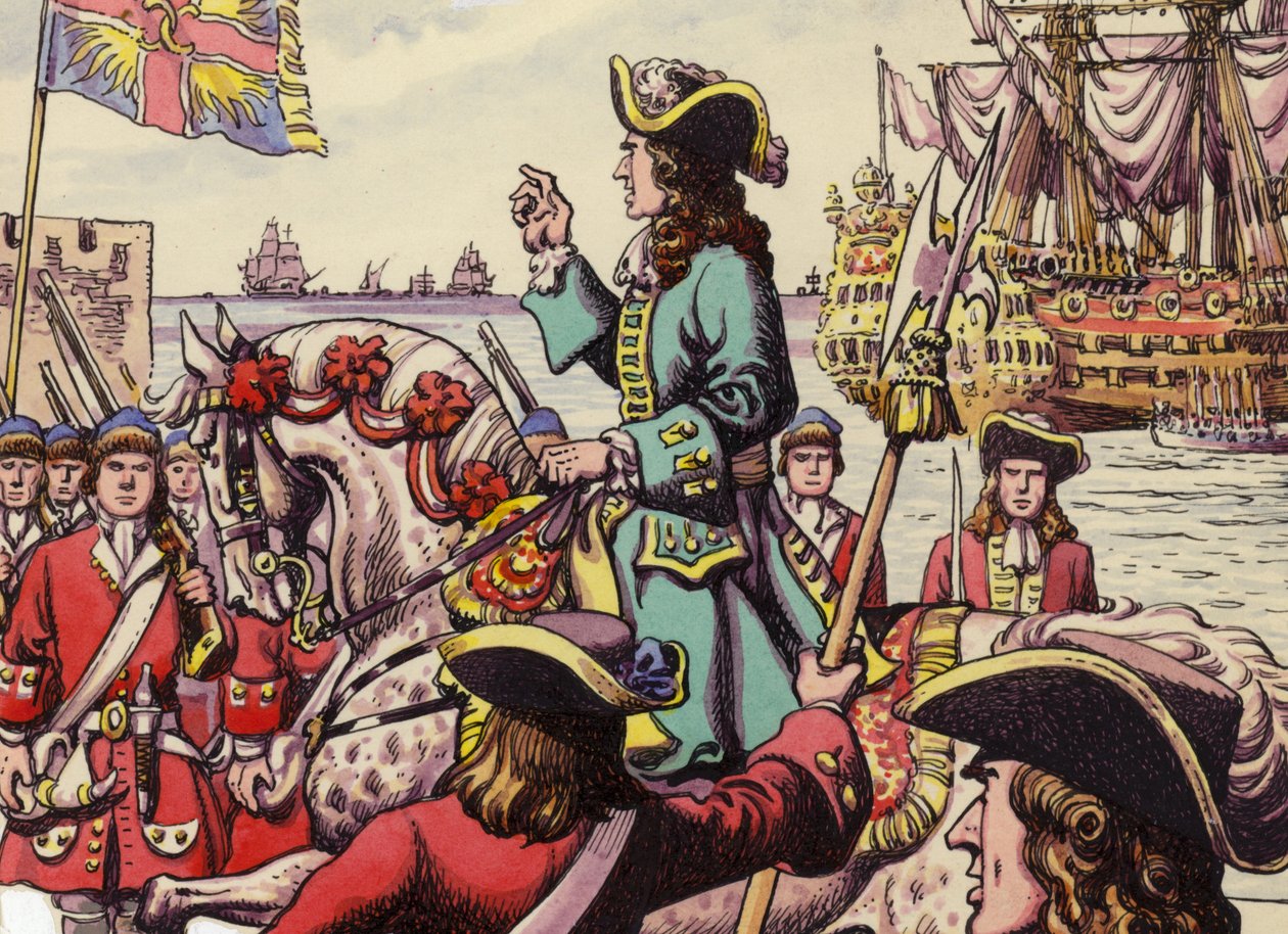 Desembarco del rey Guillermo III en Carrickfergus (gouache sobre papel) de Pat (1907 95) Nicolle