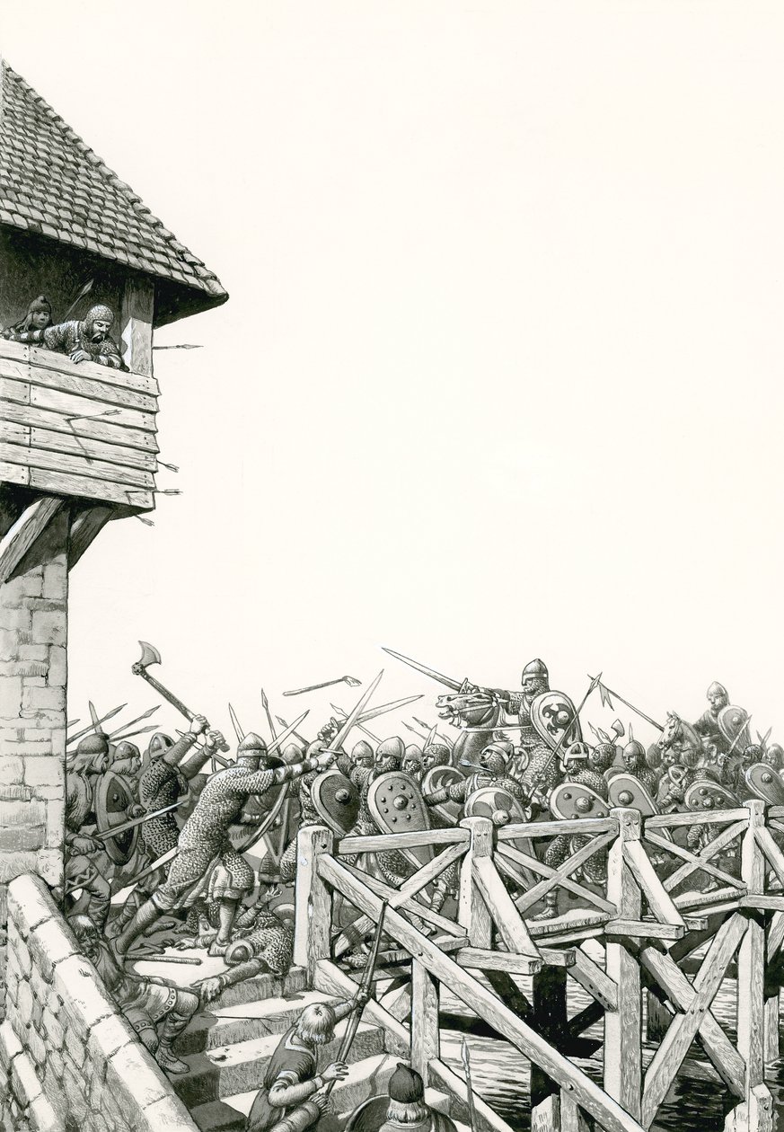 Conquista normanda: las tropas avanzan por el Támesis (gouache sobre papel) de Pat (1907 95) Nicolle