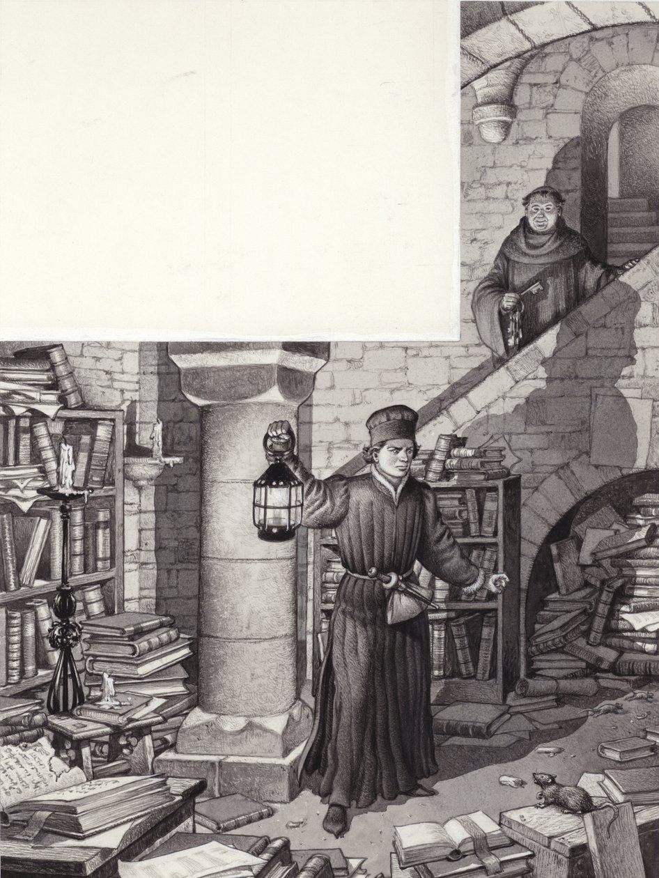 Poggio Bracciolini en la biblioteca abandonada del monasterio de San Gall (gouache sobre papel) de Pat (1907 95) Nicolle
