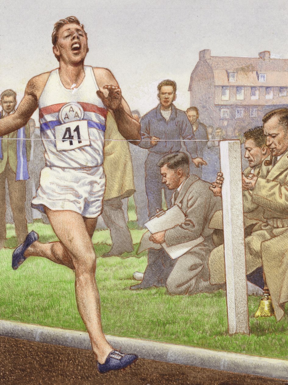 Roger Bannister corriendo la primera milla en cuatro minutos (gouache sobre papel) de Pat (1907 95) Nicolle