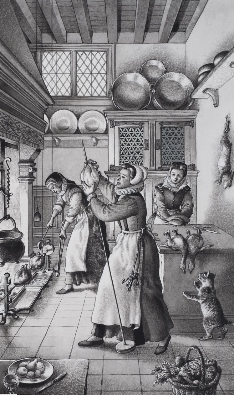 Cocina del siglo XVI (gouache sobre papel) de Pat (1907 95) Nicolle