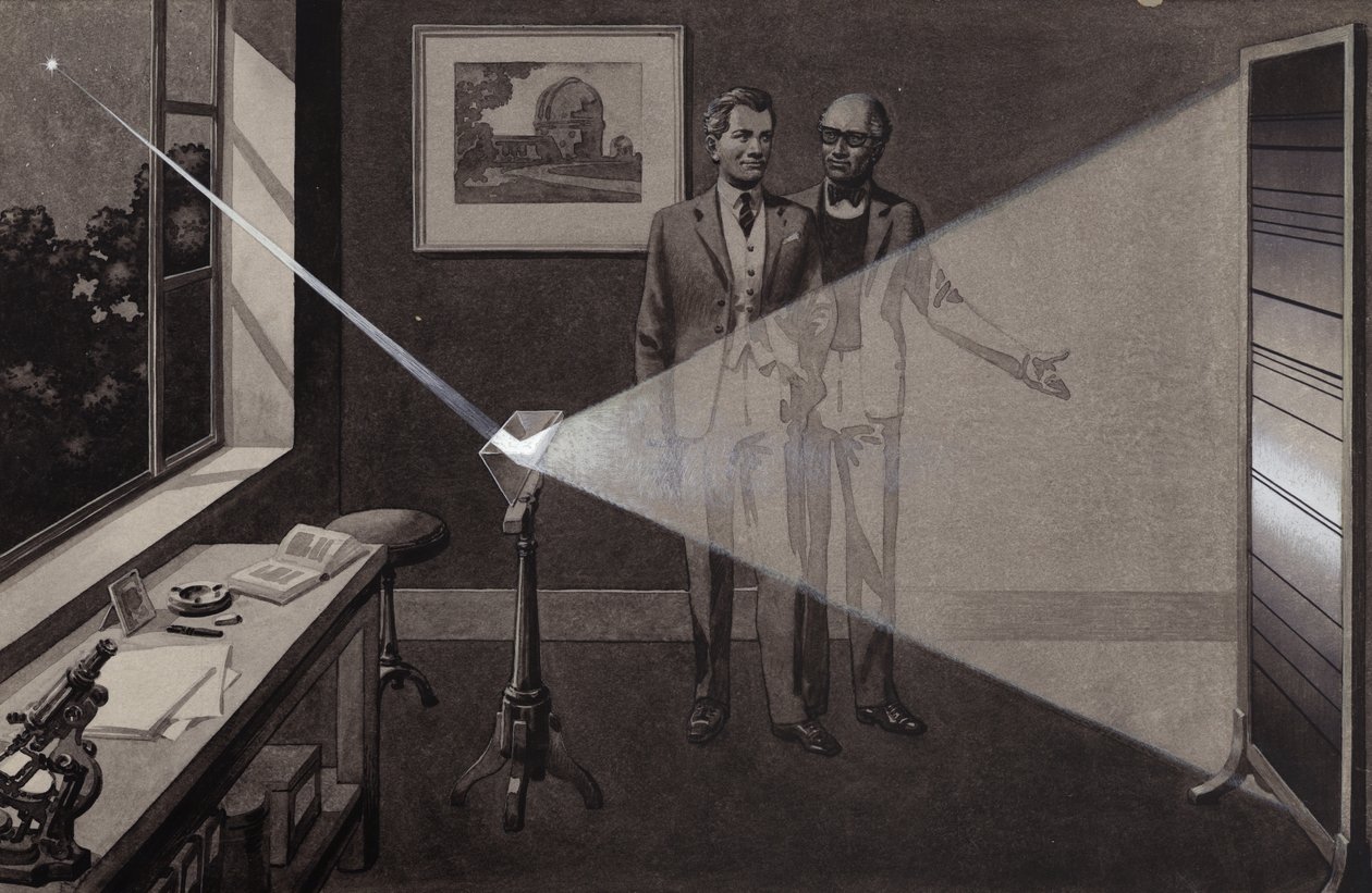 La luz de una estrella incide en un prisma, dividiéndose en un arco iris de colores (gouache sobre papel) de Pat (1907 95) Nicolle