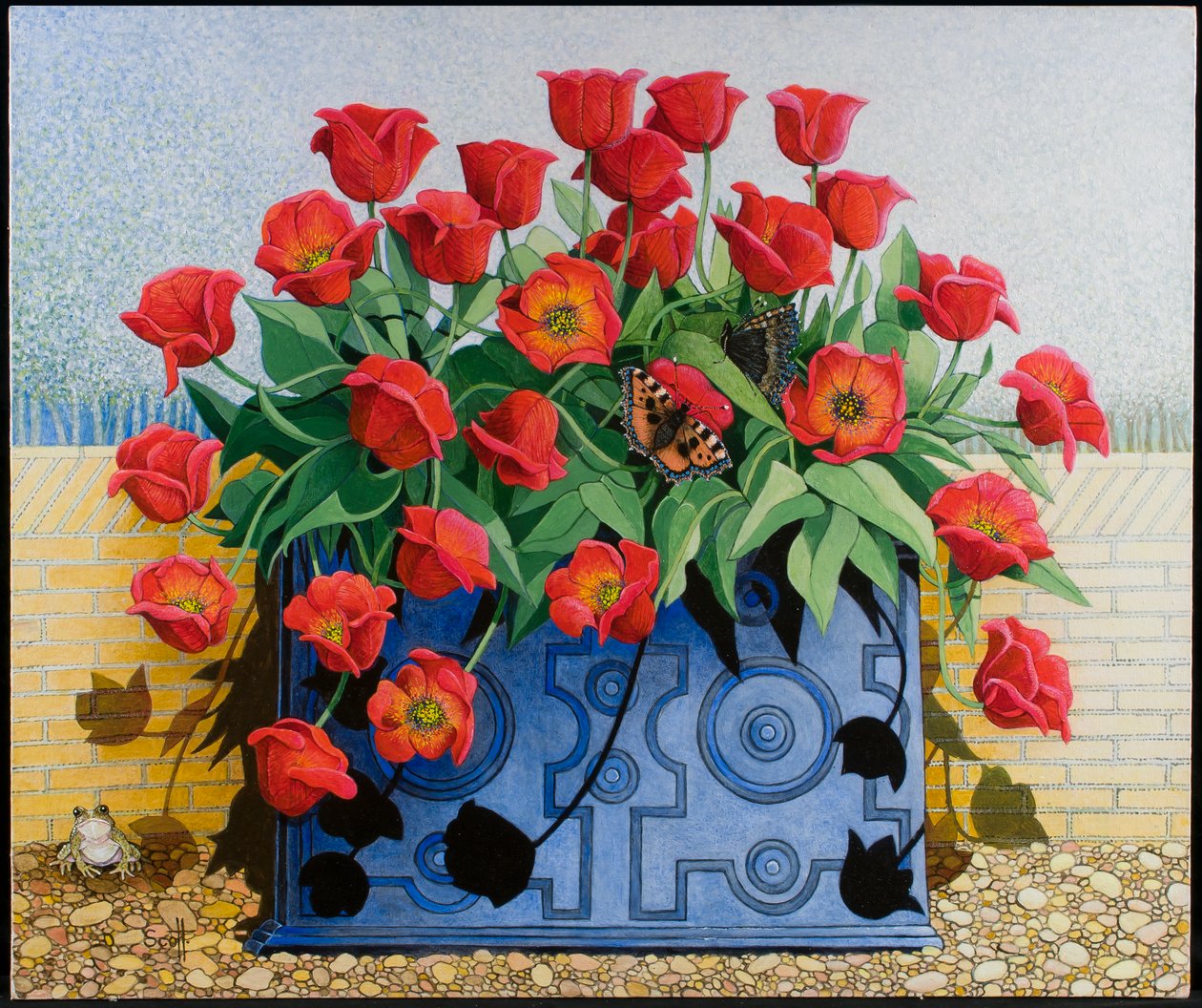 Getting There, 2011 (acrílico sobre percal) flores; tulipanes; naturaleza muerta; jardinera; sapo; rana; mariposas; de Pat Scott