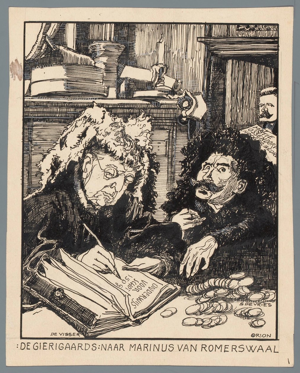 Los ministros De Visser y Simon de Vries como recaudadores de impuestos The Misers: después de Marinus van Romerwaal (título sobre el objeto) de Patricq Kroon (signed by artist)
