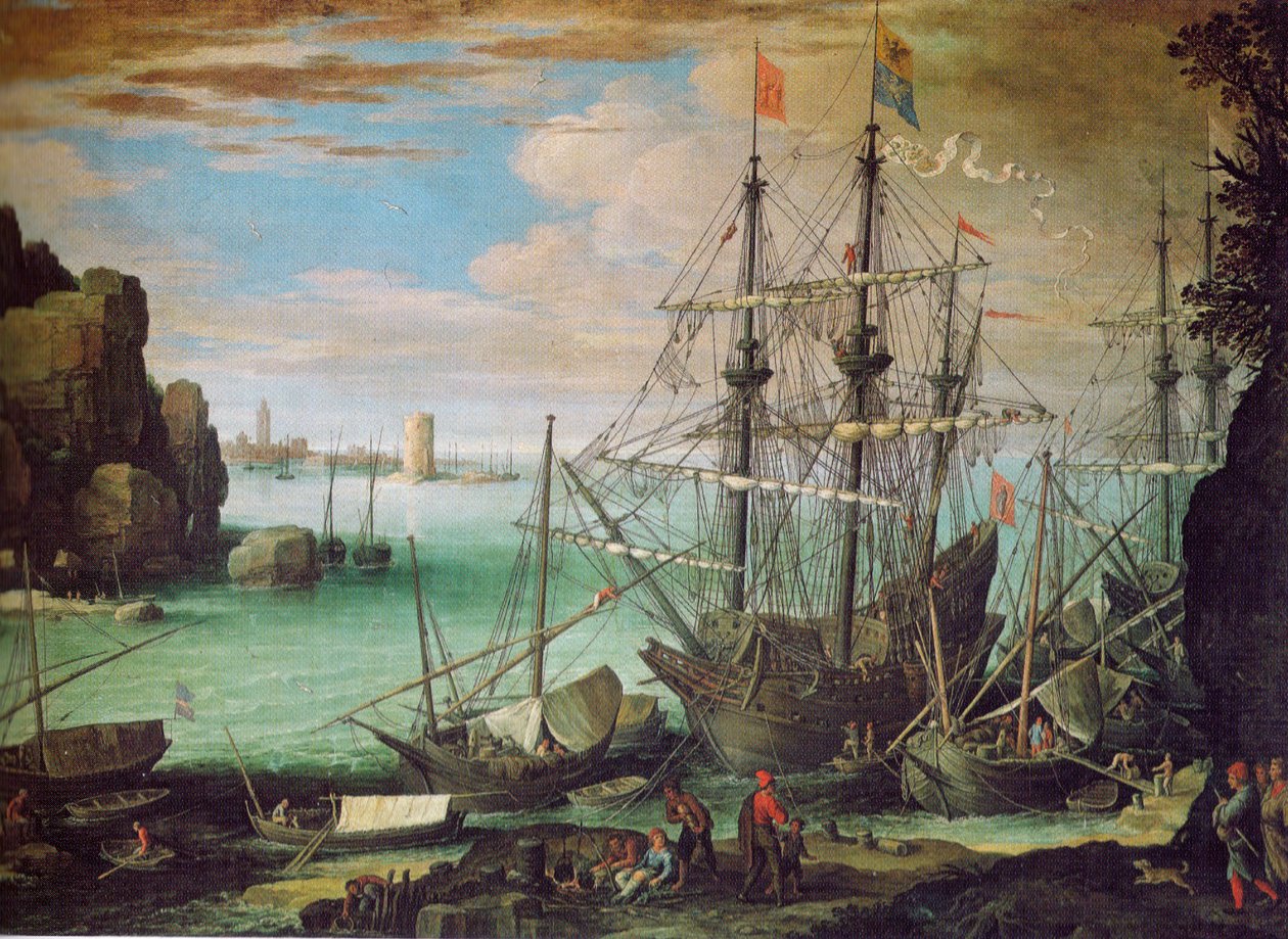 Paisaje costero con puerto de Paul Bril