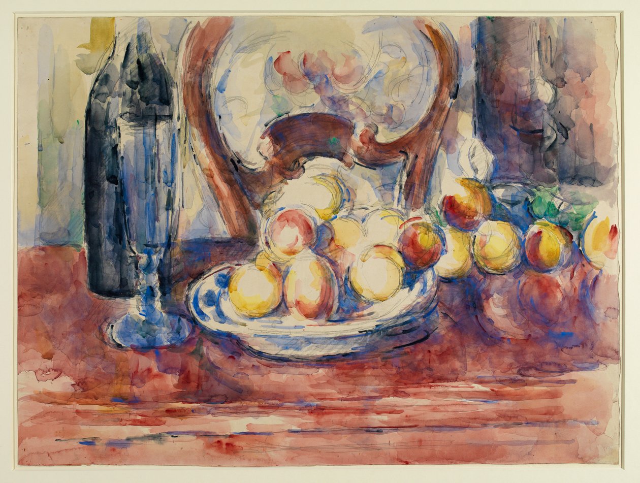 Naturaleza Muerta con Manzanas, Botella y Respaldo de Silla, siglo XIX de Paul Cézanne