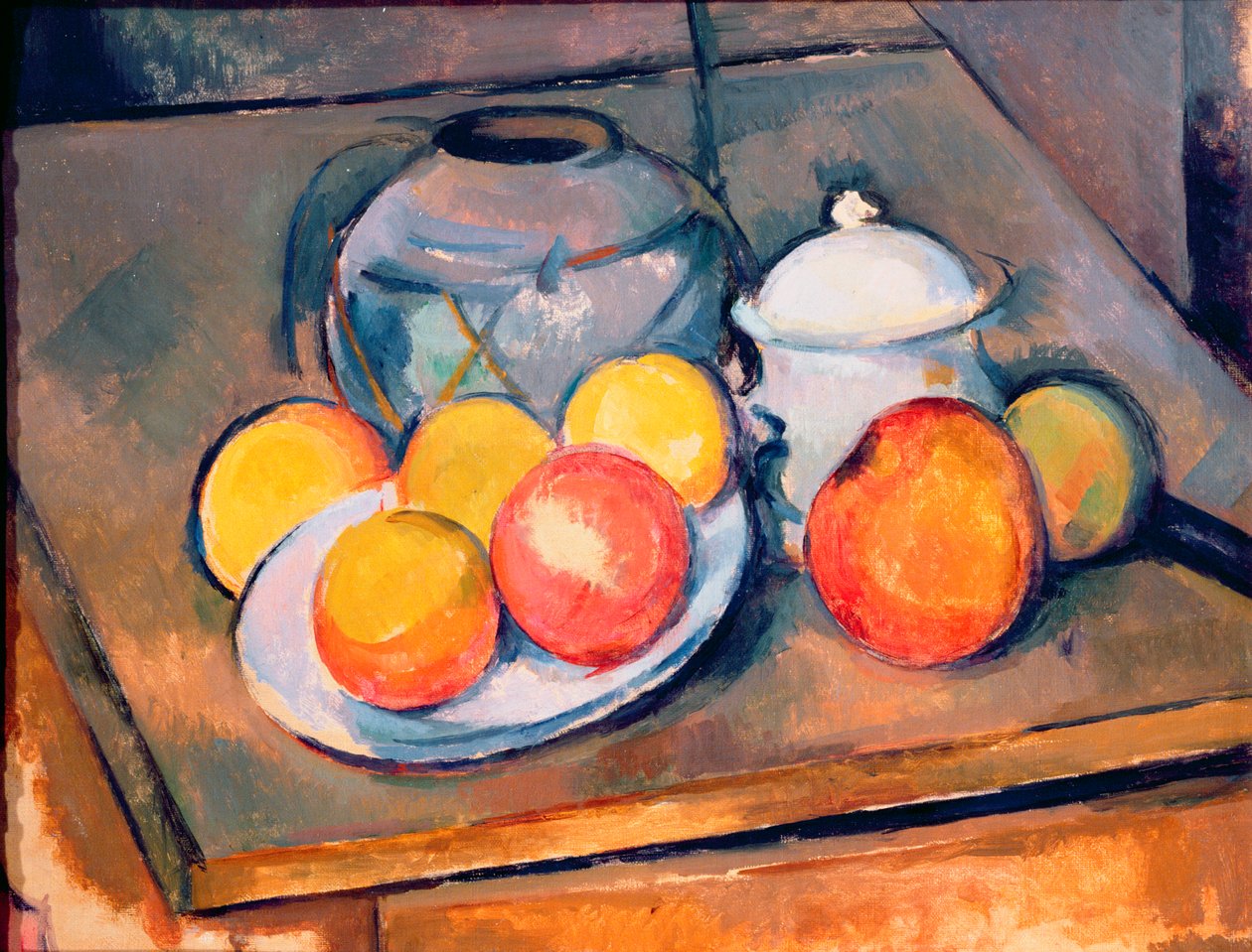 Jarrón cubierto de paja, azucarero y manzanas, 1890-93 de Paul Cézanne