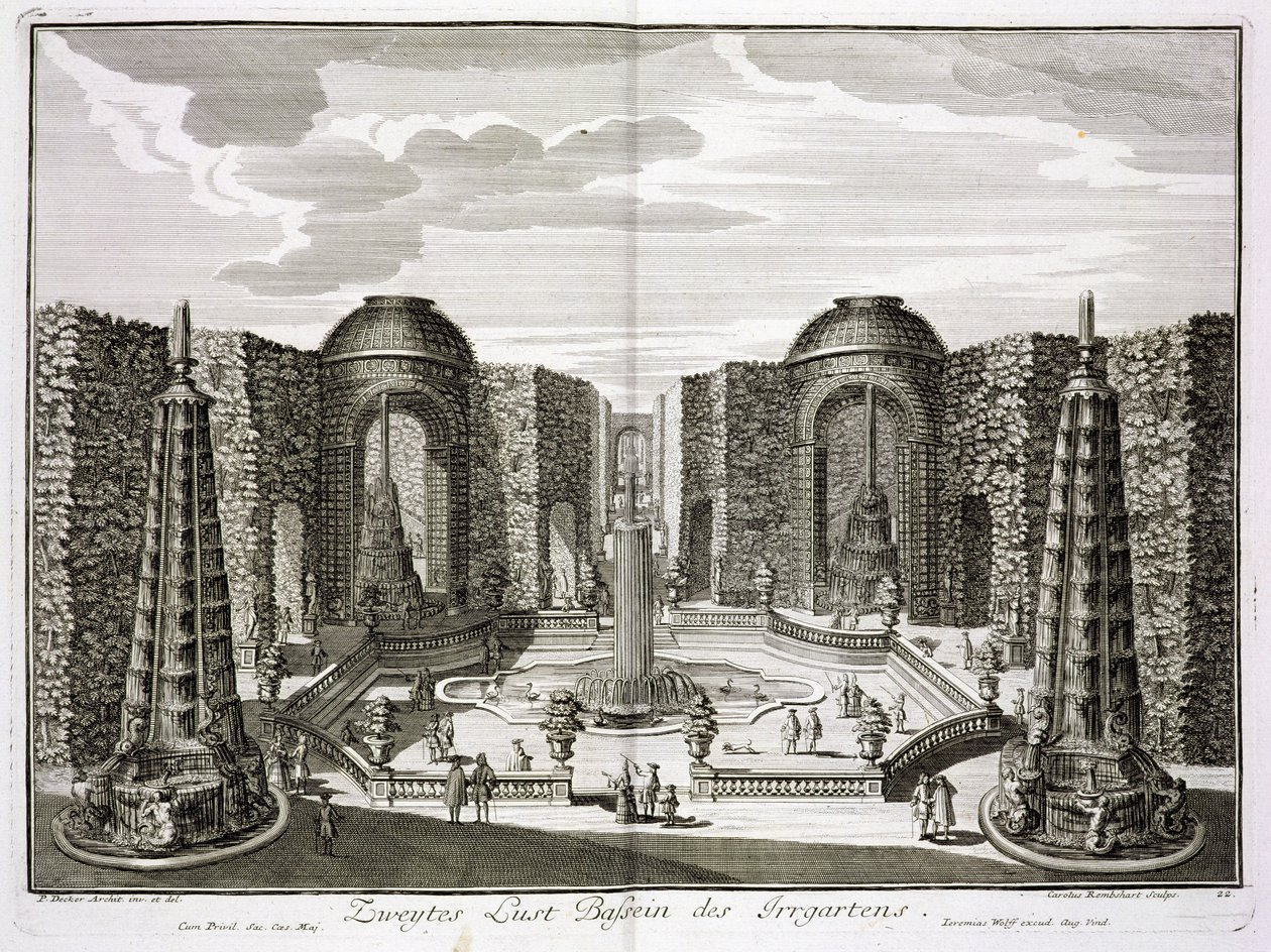 La fuente en el laberinto del Palacio y Jardines de Placer Princely, Berlín, grabado por Karl Remshard, publicado c.1711-16 de Paul Decker