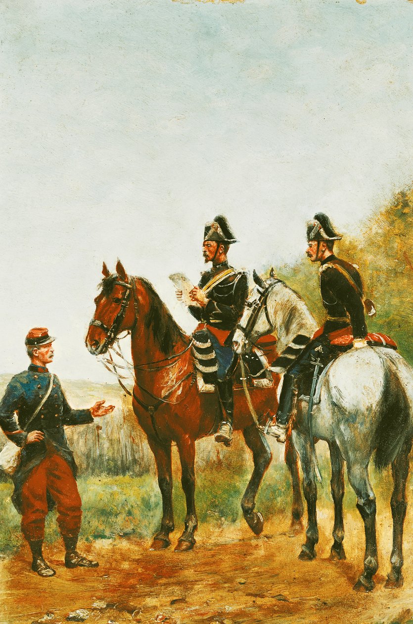 Oficiales de policía en una gira de inspección revisando a un militar en 1885 de Paul Emile Leon Perboyre