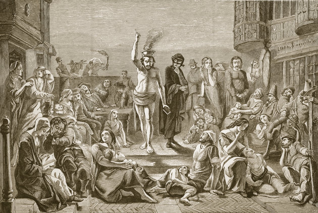 Solomon Eagle predicando durante la plaga de Londres, grabado por J. y G.P. Nicholls de Paul Falconer Poole