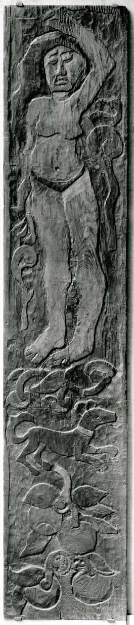 Panel vertical tallado del marco de la puerta de la última residencia de Gauguin en Atuona en Hiva Oa (Islas Marquesas), 1902 de Paul Gauguin