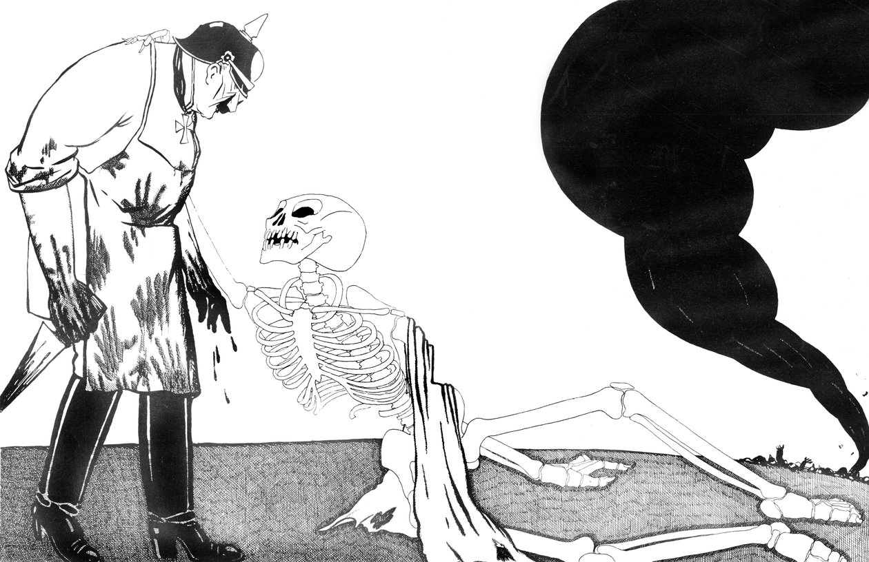 La Muerte suplicando al Kaiser Wilhelm que lo reemplace con un sustituto porque está muy agotado, 13 de abril de 1916 de Paul Iribe