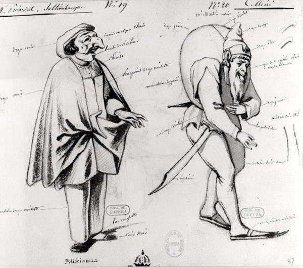 Diseño de vestuario para dos acróbatas en Benvenuto Cellini de Hector Berlioz, 1838 de Paul Lormier