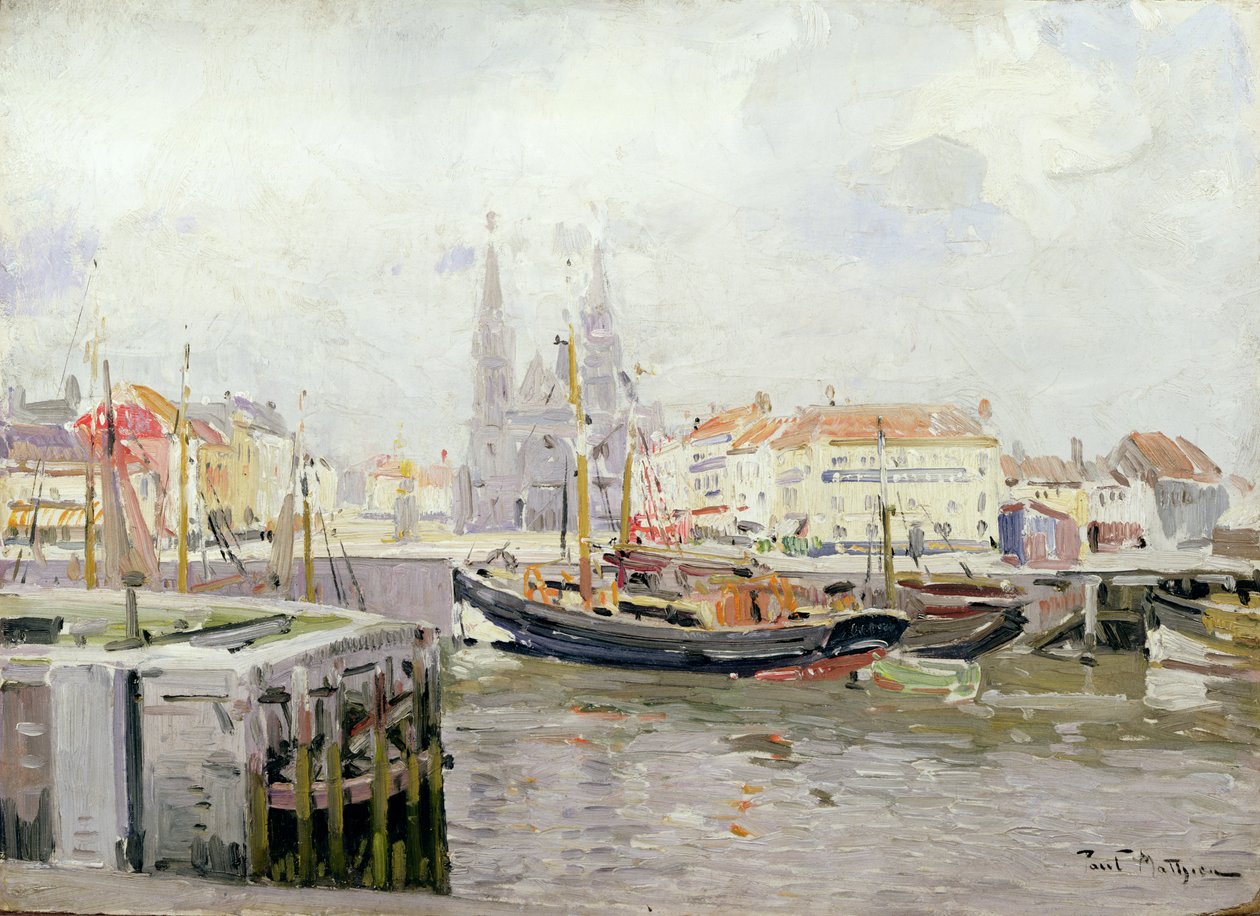 SS. Petrus en Pauluskerk y el muelle de pescadores en Ostende de Paul Mathieu