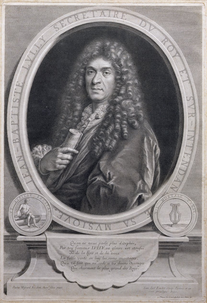 Retrato de Jean Baptiste Lully (1632-87), compositor y director de ópera francés, grabado por Jean Louis Roullet (1645-99) de Paul Mignard