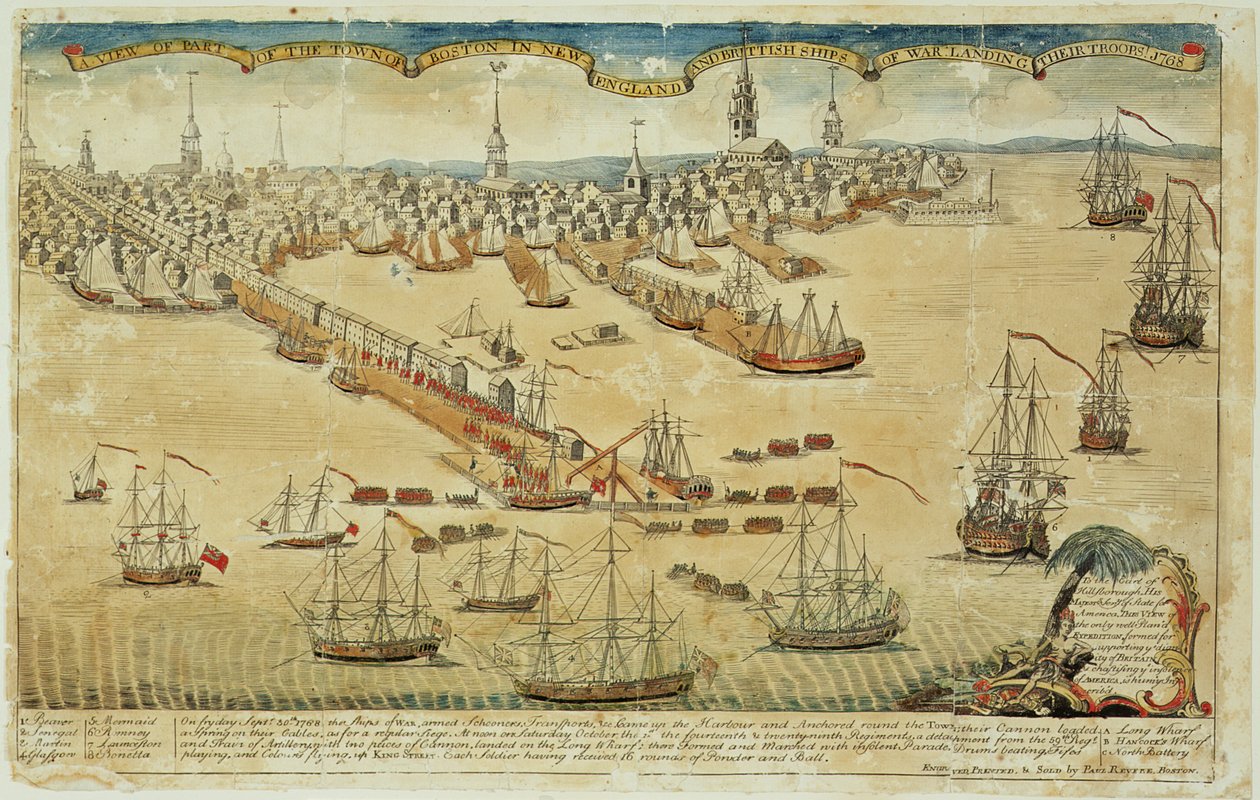 Vista de parte de la ciudad de Boston en Nueva Inglaterra y barcos de guerra británicos desembarcando sus tropas, 1768 de Paul Revere