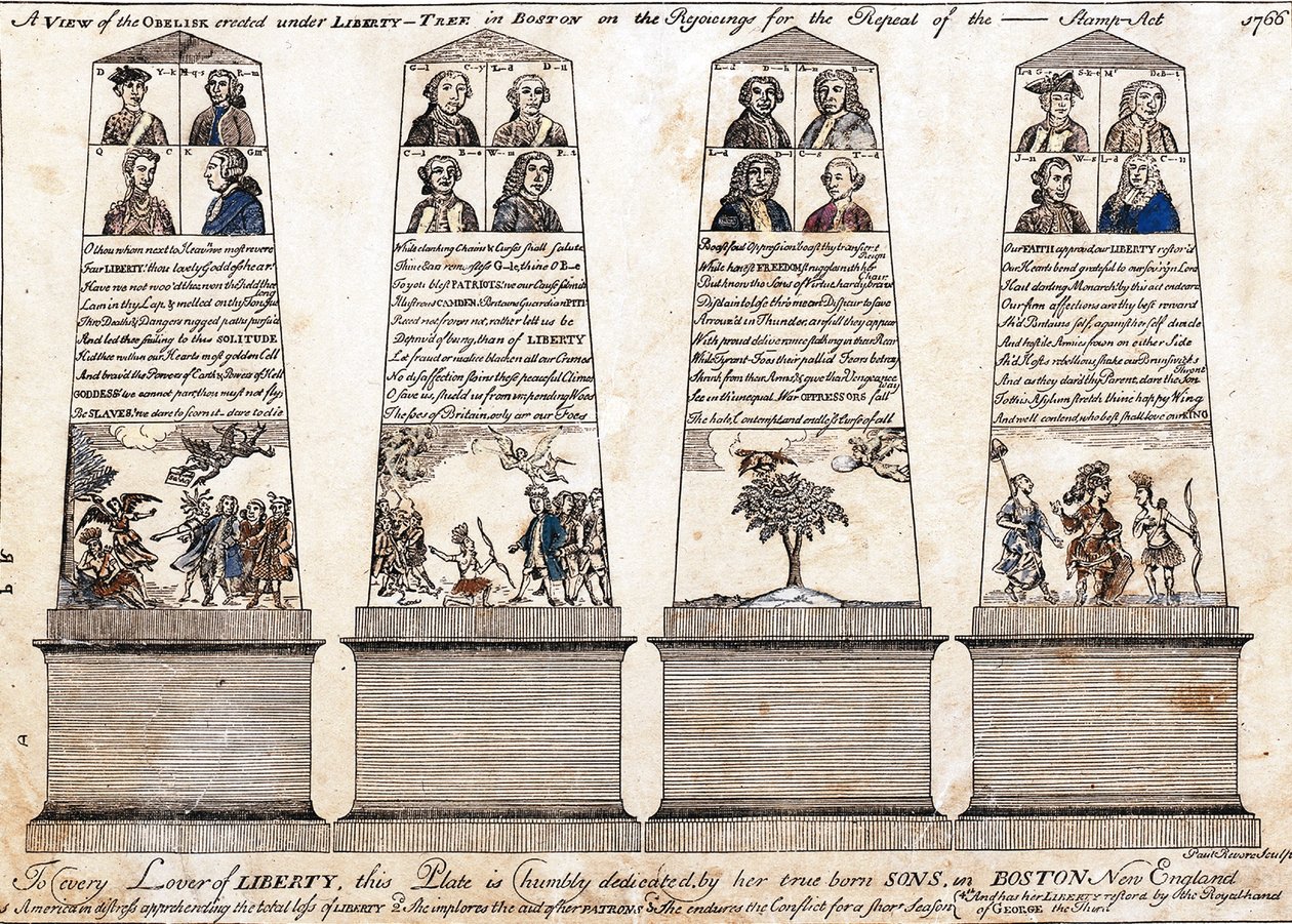 Vista del obelisco erigido bajo el Árbol de la Libertad en Boston en las celebraciones por la derogación de la Ley del Timbre 1766 de Paul Revere