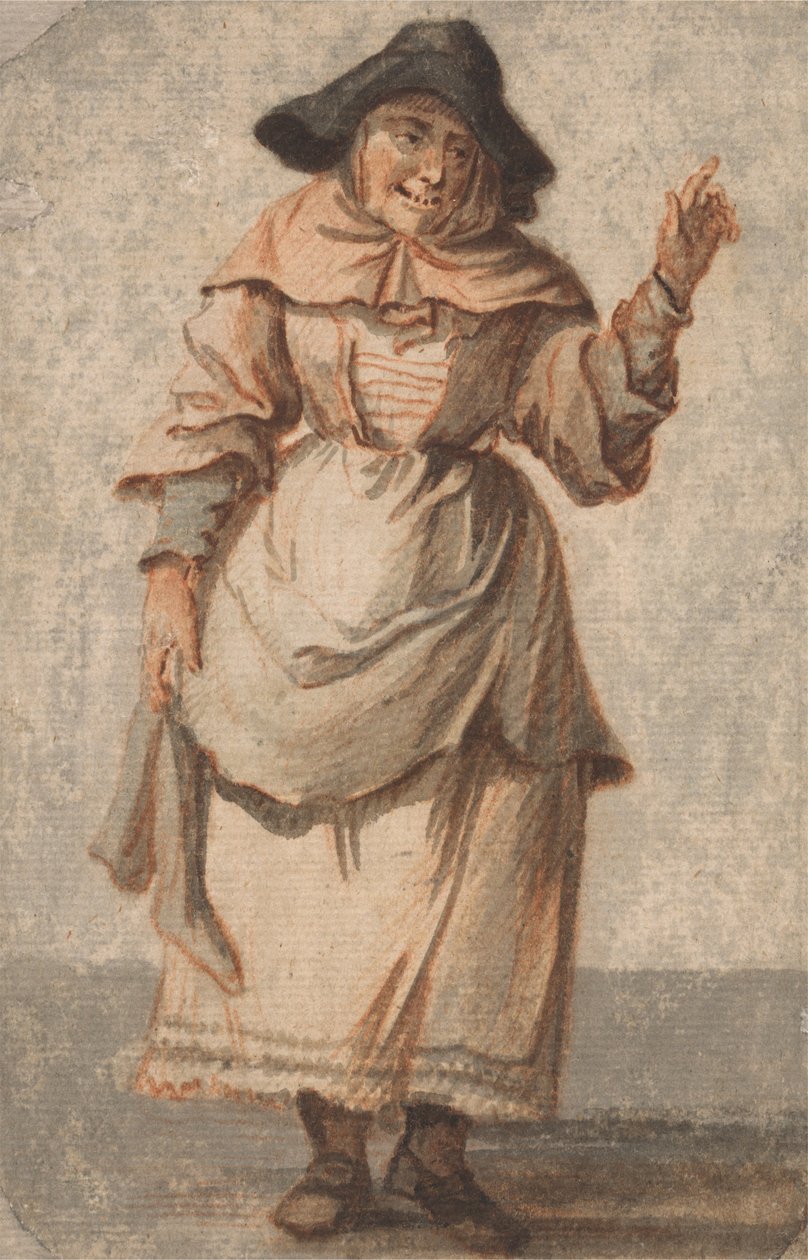 Una anciana del mercado sonriendo y gesticulando con su mano izquierda de Paul Sandby
