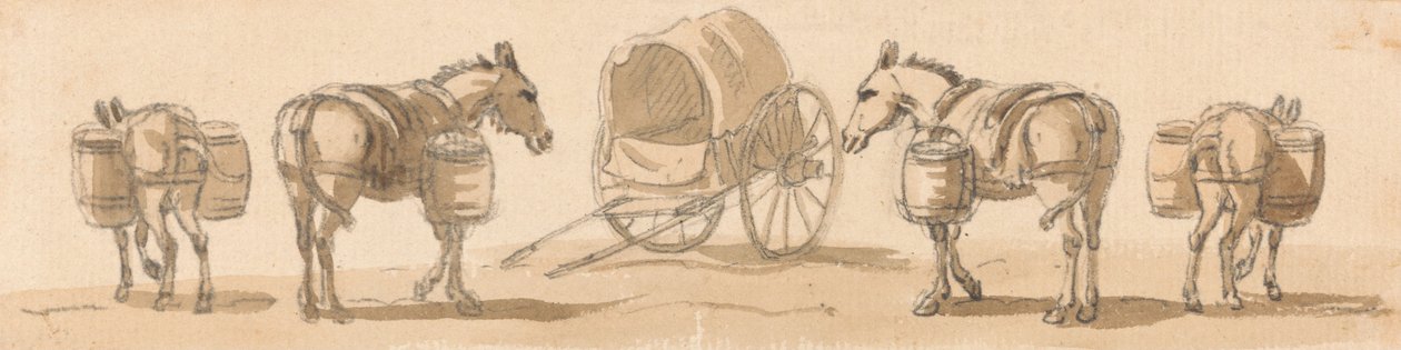 Cuatro mulas con cestas y un carro de Paul Sandby