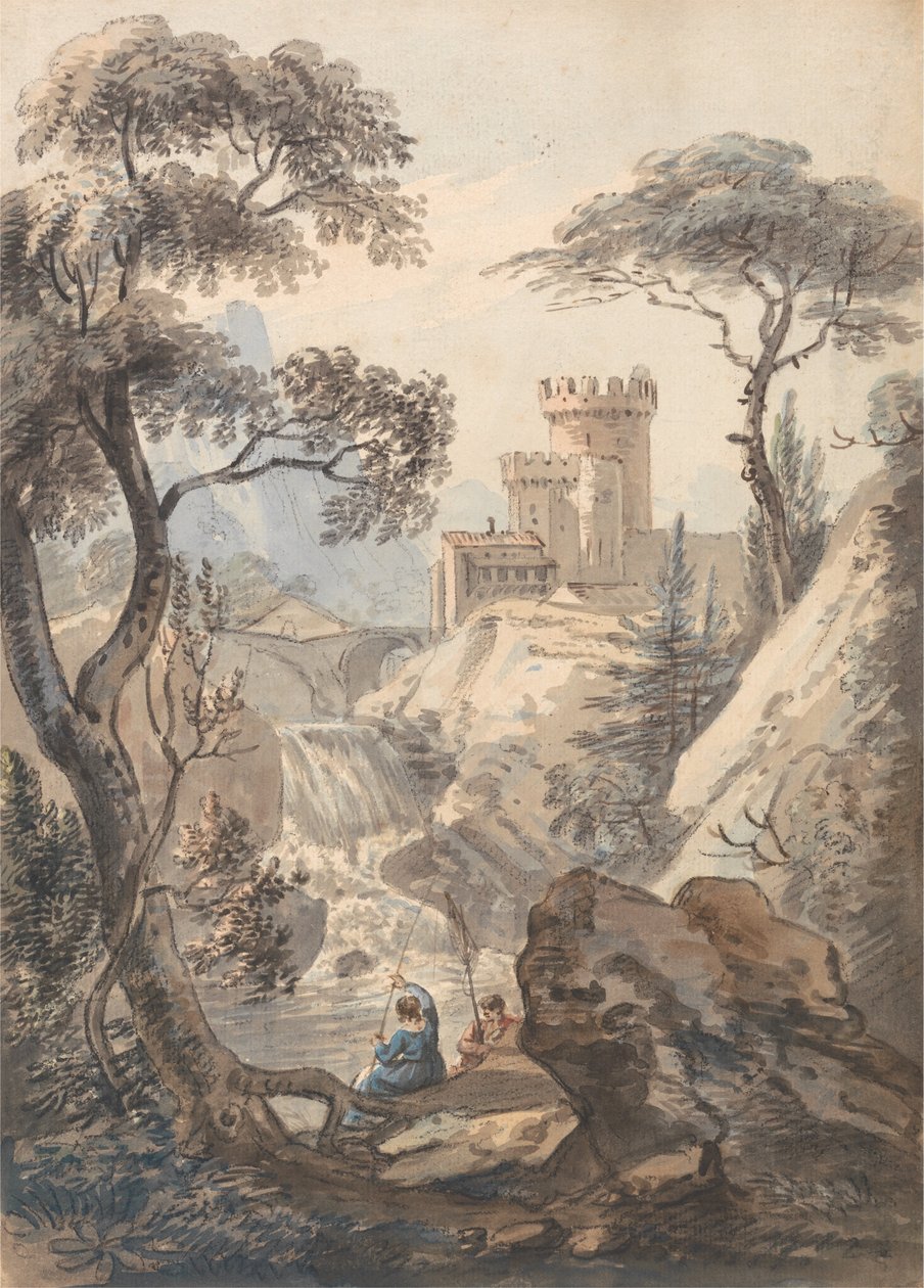 Paisaje italianizante con castillo, cascada y pescadores de Paul Sandby