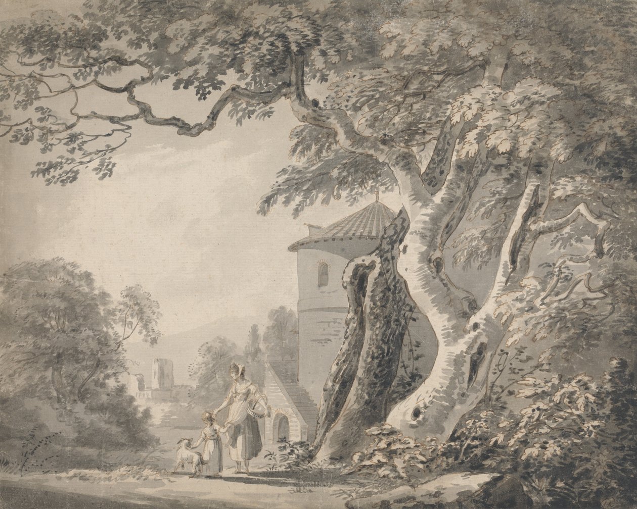 Paisaje romántico con figuras y un perro de Paul Sandby