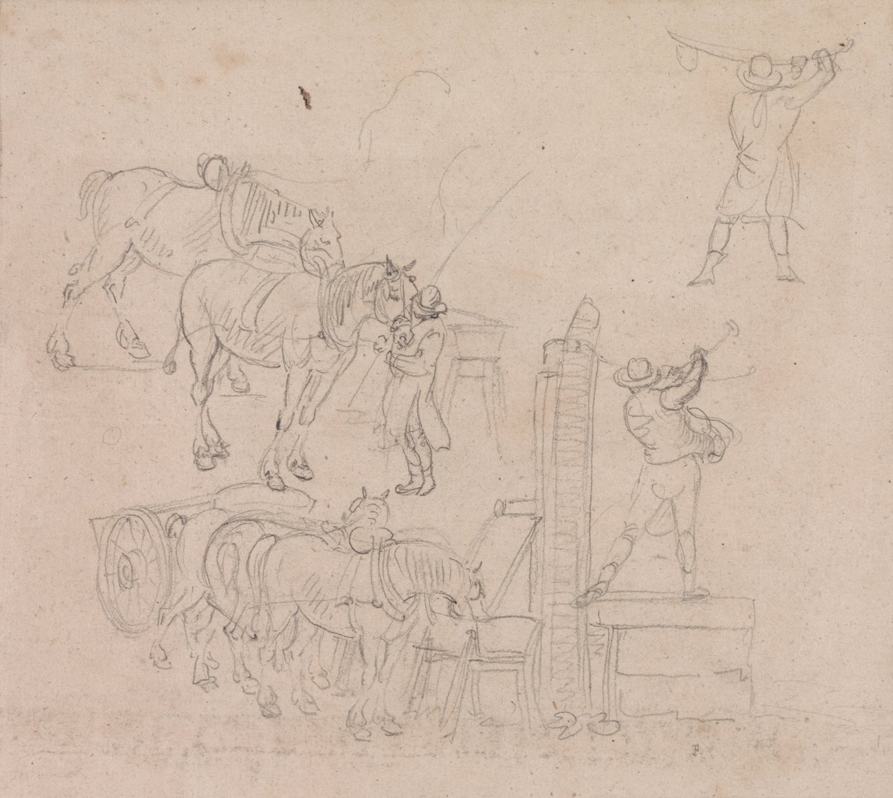 Estudios de un carretero bombeando agua para sus caballos de Paul Sandby