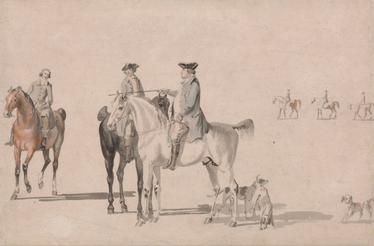 El duque de Cumberland con un caballero y un mozo de cuadra, todos montados, y perros de Paul Sandby