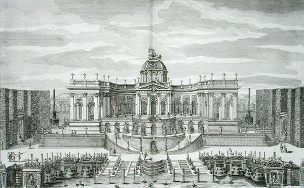 La Gran Gruta y el Jardín de la Fuente en el Palacio y Jardines del Placer Princely, Berlín, grabado por Johann August Corvinus, publicado c.1711-16 de Paul Decker