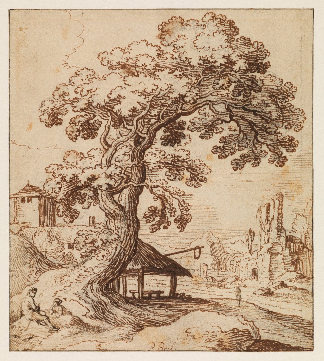 Paisaje con ruinas y figuras, c.1615 (tiza negra, pluma y tinta marrón sobre papel verjurado, con líneas de encuadre en tinta negra) de Paul (circle of) Brill or Bril