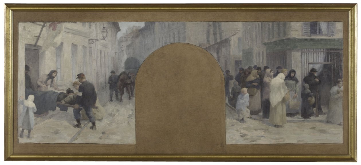 Boceto para el Hôtel de Ville de Paris, cabinet du préfet: Transporte de heridos a la ambulancia. Colas delante de una tienda durante el asedio de París en 1870. de Paul Albert Baudouin
