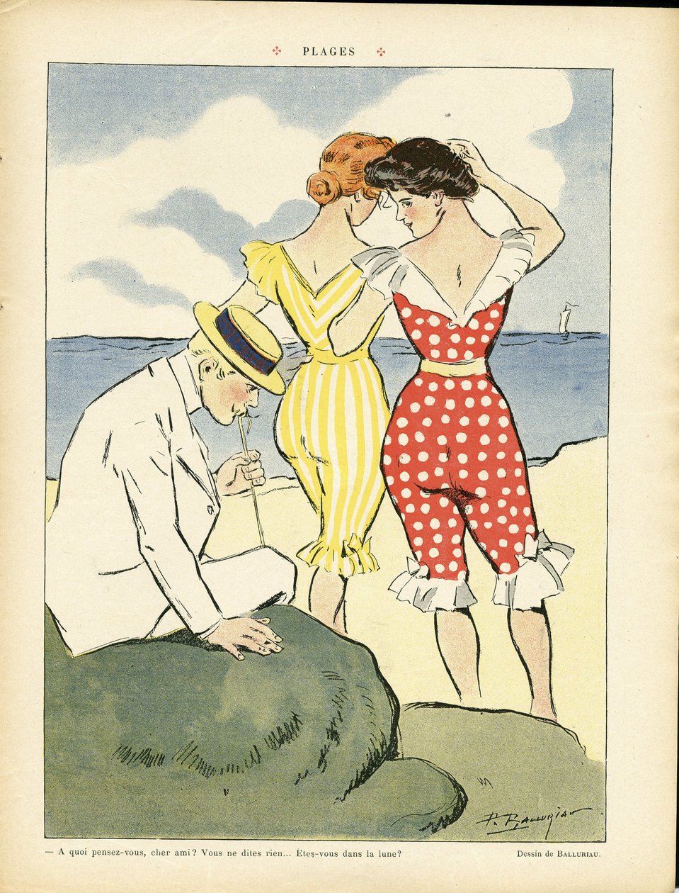 Ilustración de Paul Balluriau (1860-1917) en Le Rire, 01/08/08 - Playas - Ocio, Amor, Moda, Marina Marítima, Trajes de baño de Paul Balluriau
