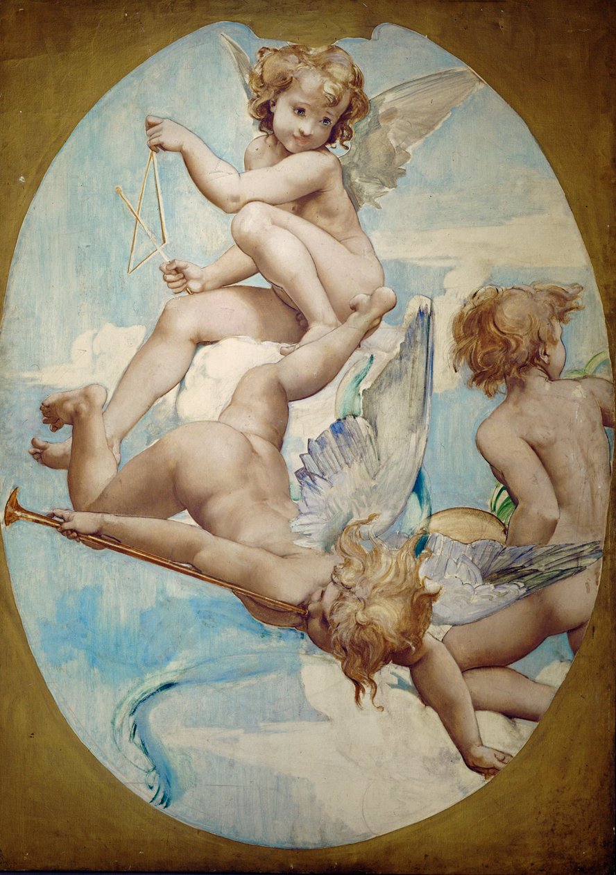 Los paneles ovalados del Gran Vestíbulo muestran putti con instrumentos musicales: trompeta, triángulo y platillos ... de Paul Baudry