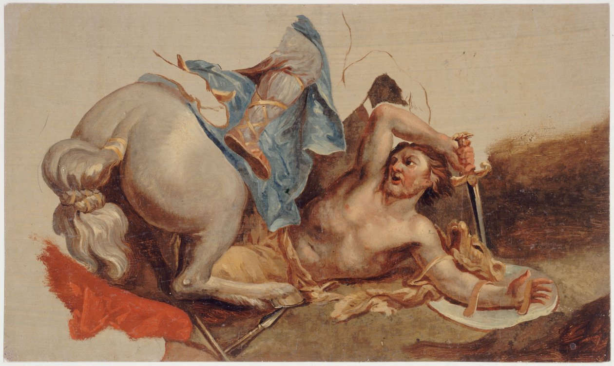 Estudio de caballo y jinete caídos, según Le Brun (óleo sobre papel) de Paul Baudry